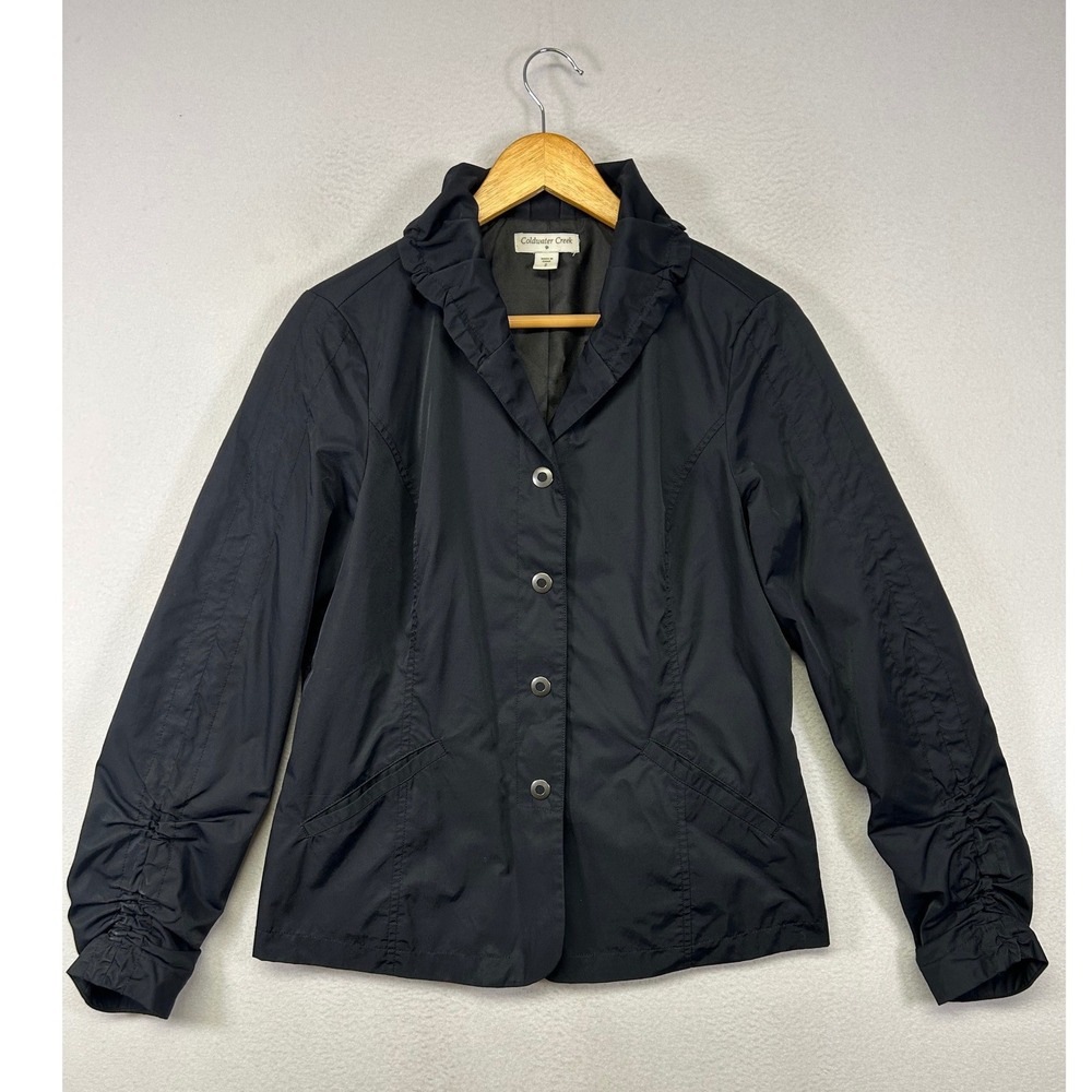 Chic Ruffle Coldwater Creek Womens Small Black Ruched Sleeve Snap Front Jacket